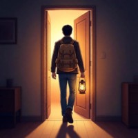 Путешествие героя, этап "Преодоление порога" — фигура с фонарём переступает светящуюся границу нового мира