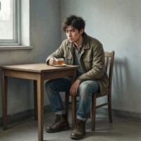 Путешествие героя, этап "Обыденная жизнь" — молодой человек в рутине повседневности, символическая иллюстрация