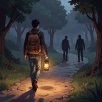 Путешествие героя, этап "Испытания, союзники и враги" — фигура на извилистой тропе среди других силуэтов