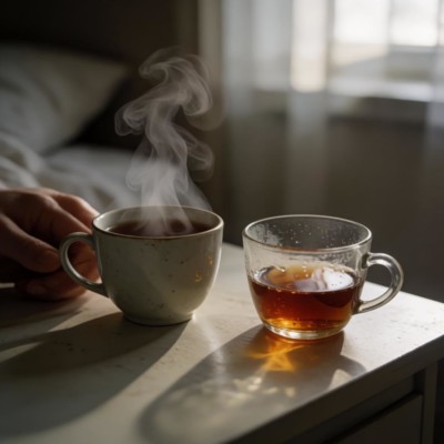 Две чашки на прикроватном столике: одна полная и горячая, другая полупустая и остывшая